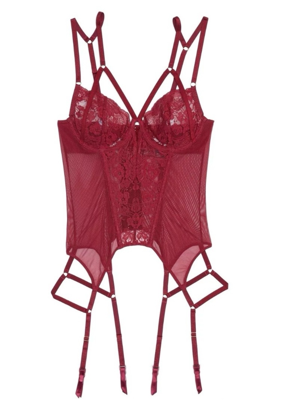 Lace & Mesh Burgundy Garter Bustier